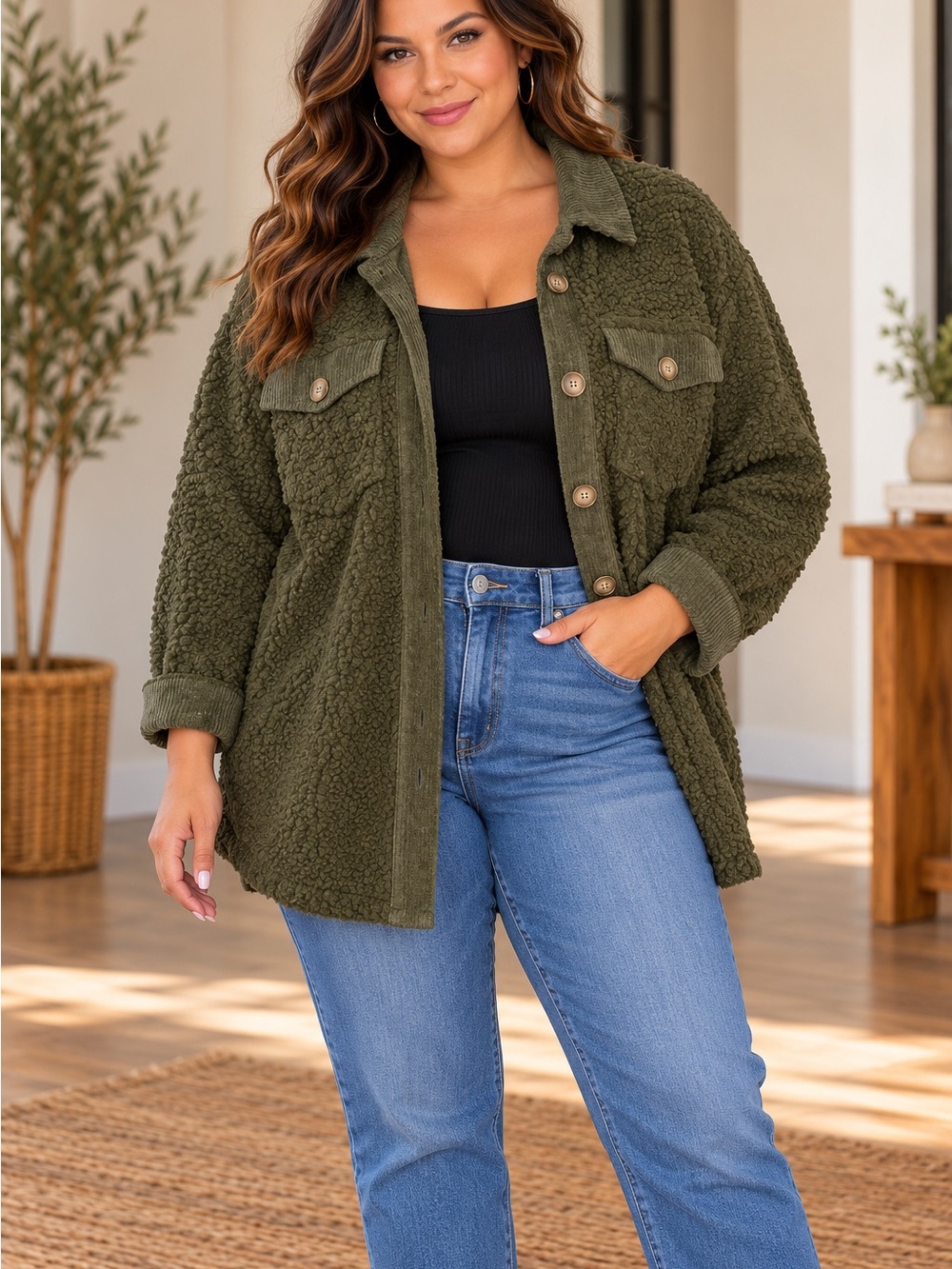 Promesa Olive Green Teddy Shacket Jacket